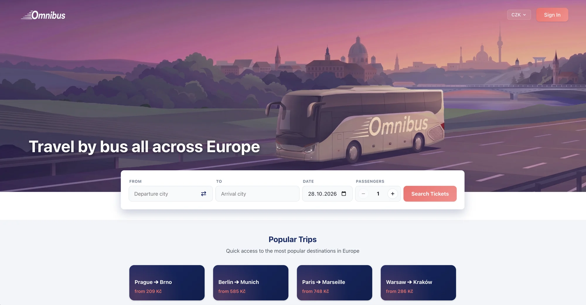 Omnibus home page: route search over an illustration of a coach driving past Prague