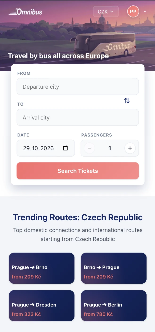 Omnibus home page on a phone: route search and popular routes from the Czech Republic